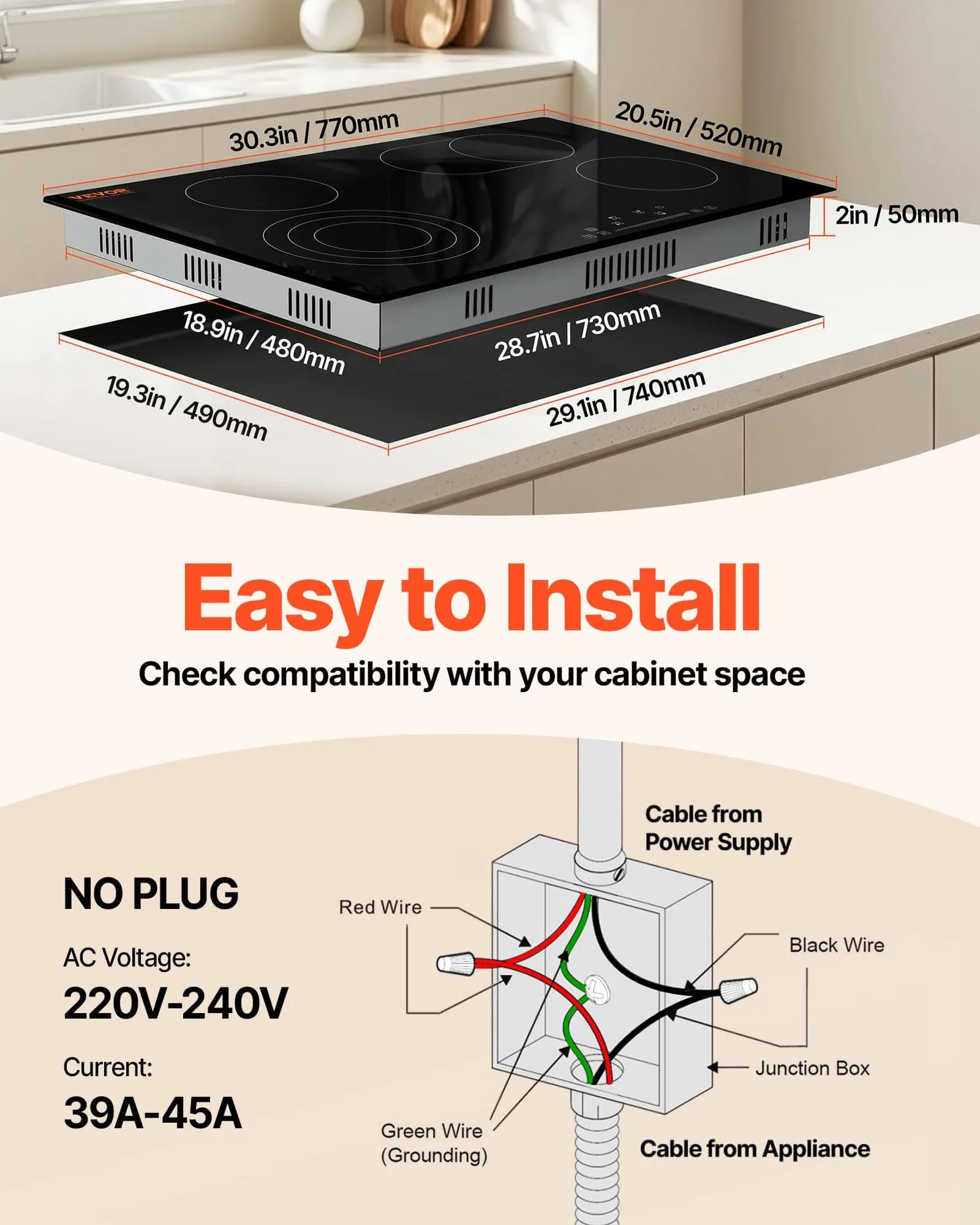 VEVOR 30" 4 Burner Built-in Electric Radiant Cooktop 7200W 220-240V | Touch Sensor Ceramic Stove Top with Timer & Child Lock - view 2