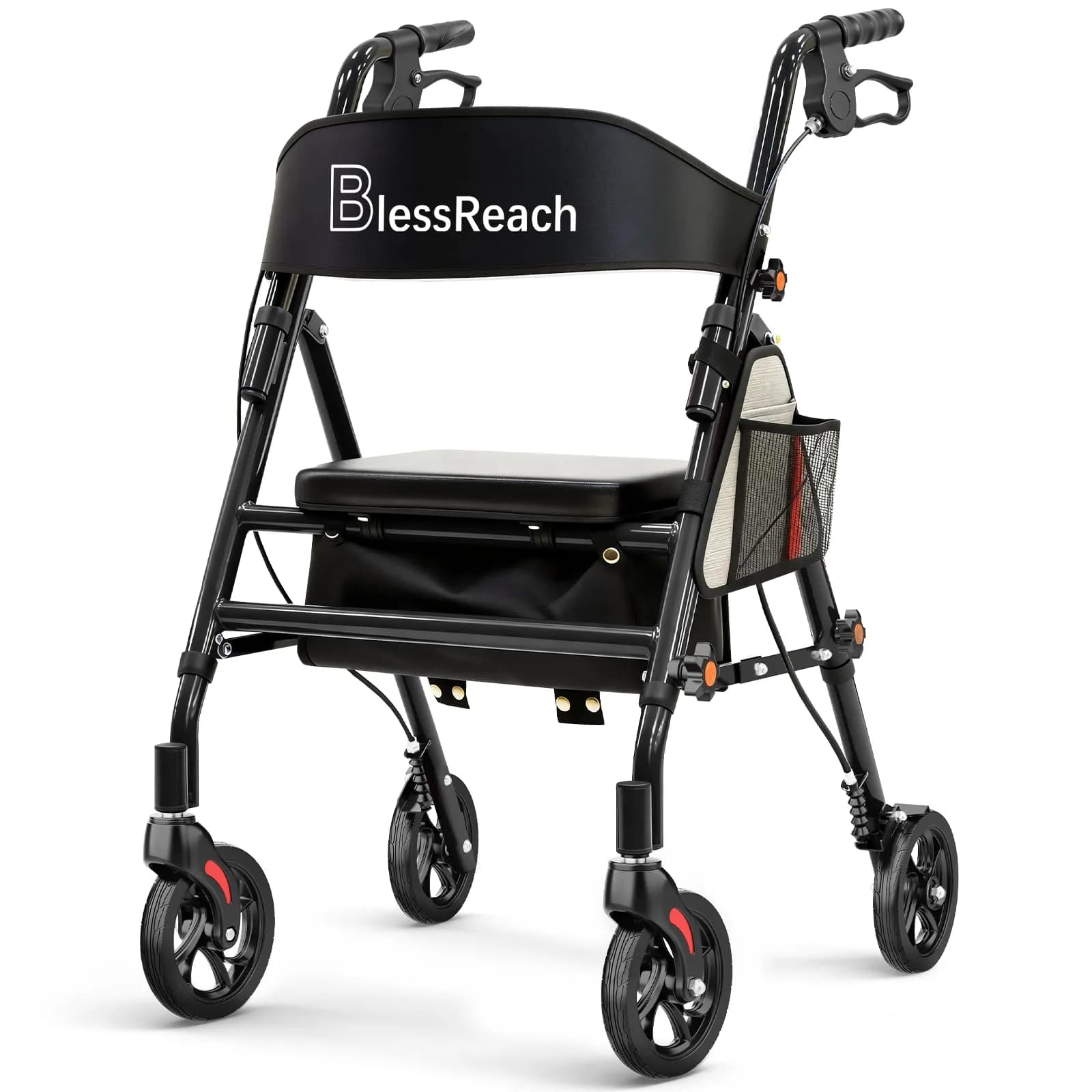 BlessReach Lightweight Foldable Rollator Walker with Seat for Seniors,Black | 300 lb Capacity, 5-Position Handle, Hybrid Steel & Aluminum