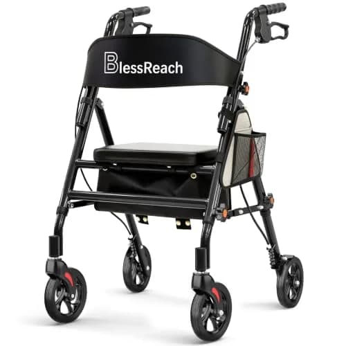 BlessReach Lightweight Foldable Rollator Walker with Seat for Seniors,Black | 300 lb Capacity, 5-Position Handle, Hybrid Steel & Aluminum thumbnail 1