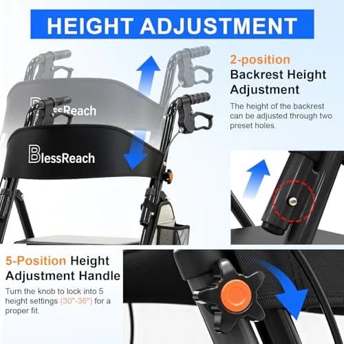 BlessReach Lightweight Foldable Rollator Walker with Seat for Seniors,Black | 300 lb Capacity, 5-Position Handle, Hybrid Steel & Aluminum thumbnail 2
