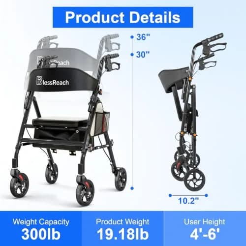 BlessReach Lightweight Foldable Rollator Walker with Seat for Seniors,Black | 300 lb Capacity, 5-Position Handle, Hybrid Steel & Aluminum thumbnail 3