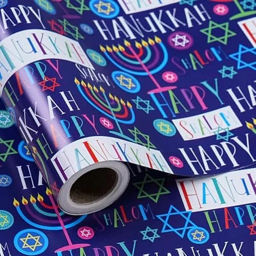 LeZakaa Hanukkah Wrapping Paper Roll, Colorful 'Happy Hanukkah' Lettering, Star of David, Candles, Mini Roll 17in x 16.4Ft | Festive Jewish Holiday Design thumbnail 1