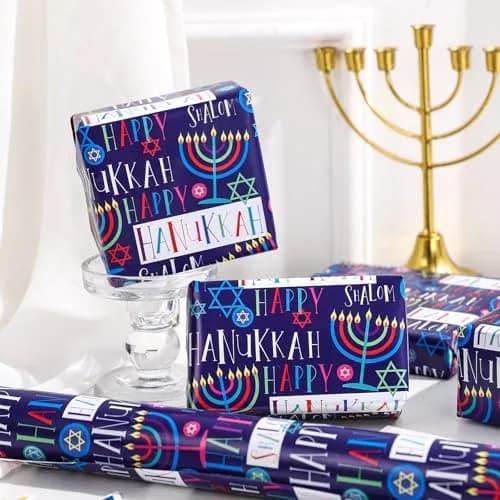LeZakaa Hanukkah Wrapping Paper Roll, Colorful 'Happy Hanukkah' Lettering, Star of David, Candles, Mini Roll 17in x 16.4Ft | Festive Jewish Holiday Design thumbnail 5