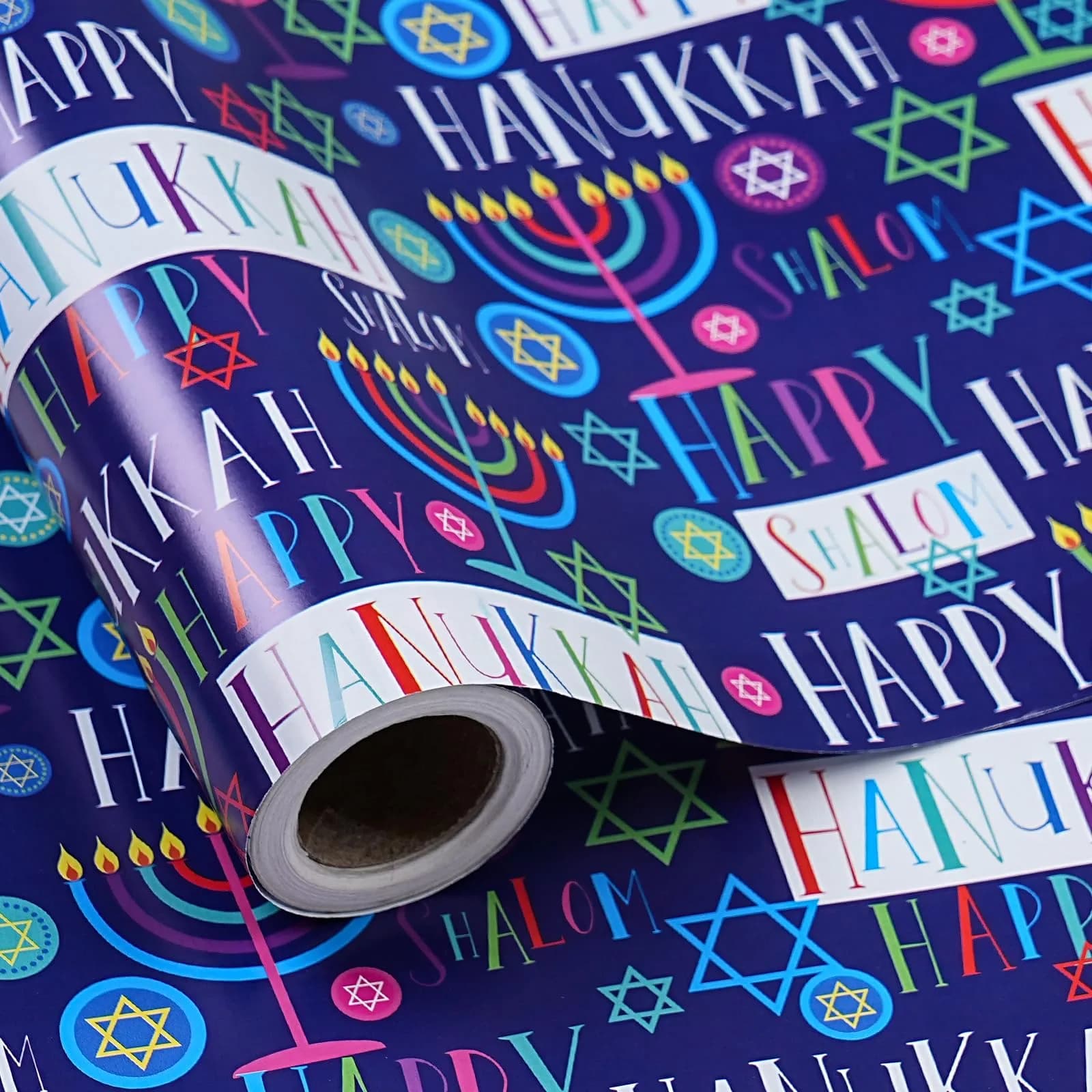 LeZakaa Hanukkah Wrapping Paper Roll, Colorful 'Happy Hanukkah' Lettering, Star of David, Candles, Mini Roll 17in x 16.4Ft | Festive Jewish Holiday Design - main product image
