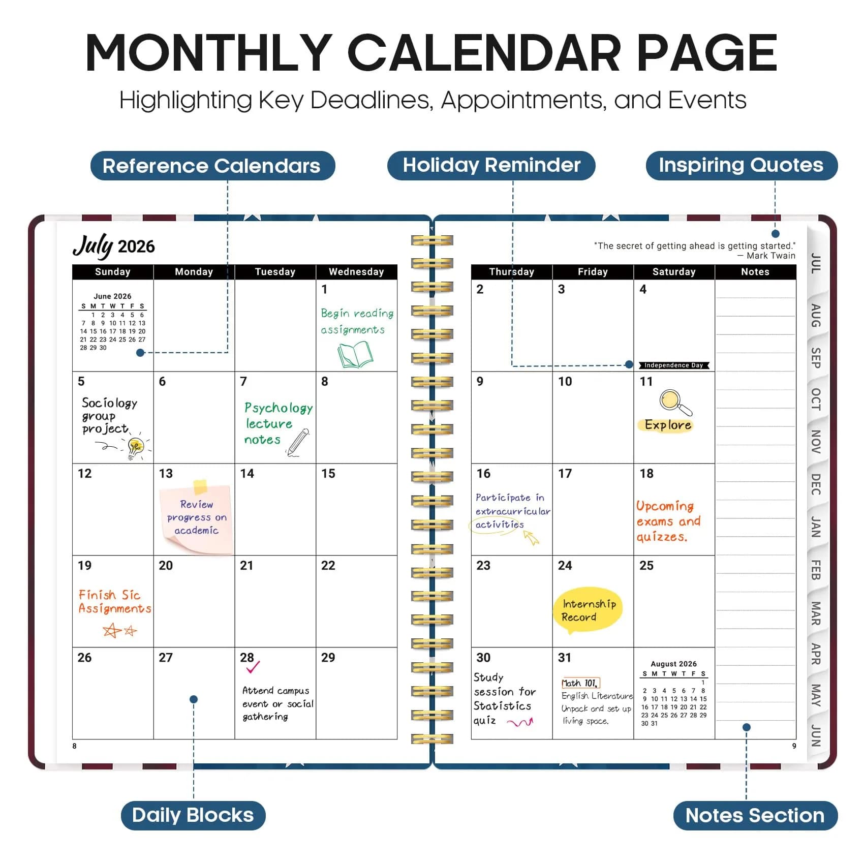 Taja Academic Planner 2026-2027 Monthly & Weekly Jul 2026-Jun 2027 Calendar Planner 21.7cm x 16.4cm (8.5" x 6.3") | Durable Hardcover Organizer with Tabs thumbnail 2