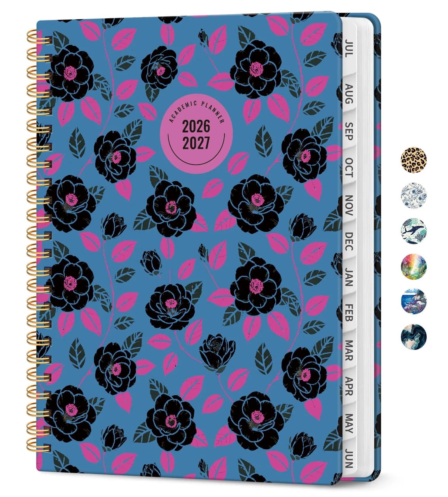 Taja Academic Planner 2026-2027, Monthly & Weekly Jul 2026-Jun 2027, A5 Size (6.3"x8.5") | Spiral Bound Hardcover with Elastic Closure — E-Midnight Roses