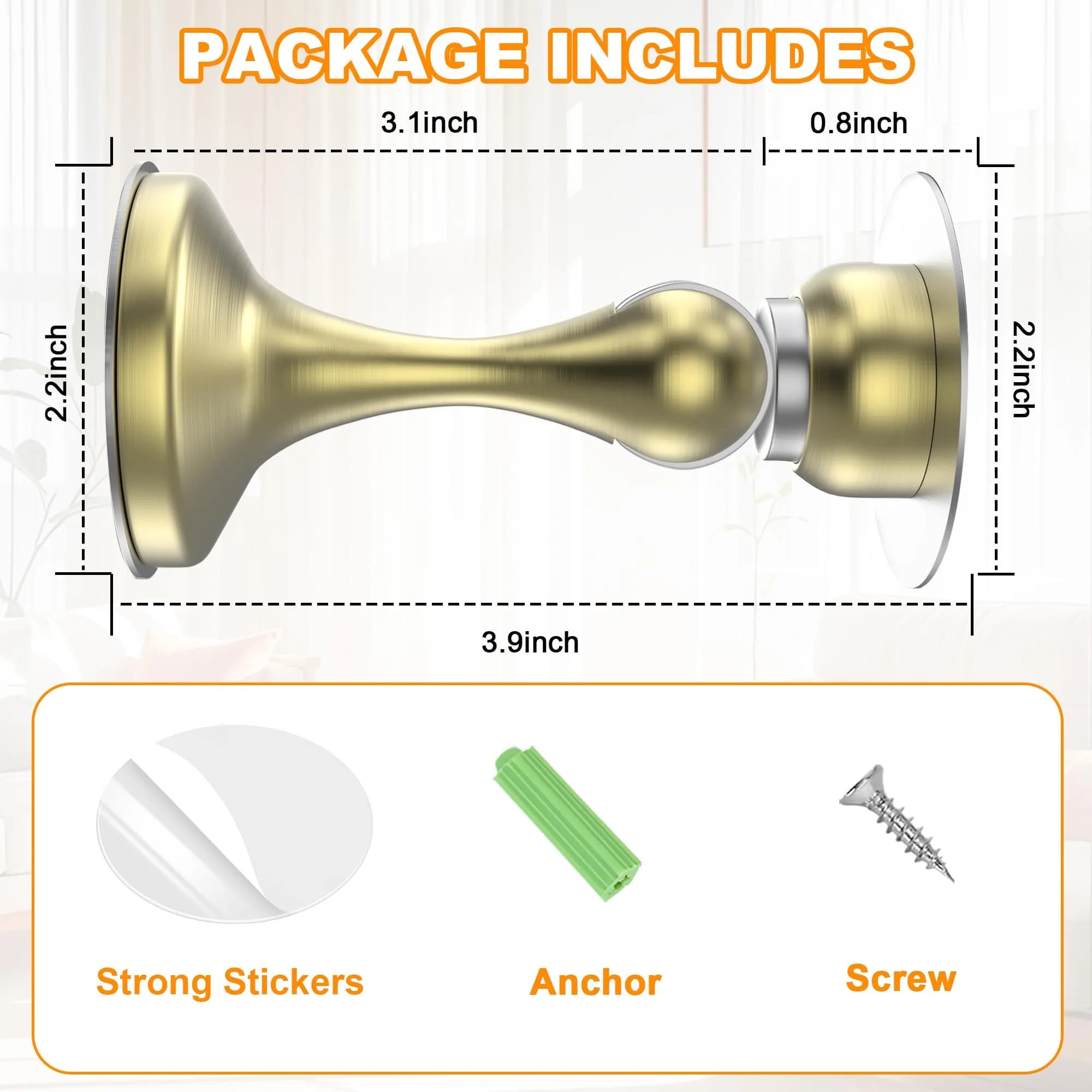 Crosize Magnetic Door Stoppers 6 Pack, Stainless Steel Door Stops with Adhesive & Screws, Gold - view 2