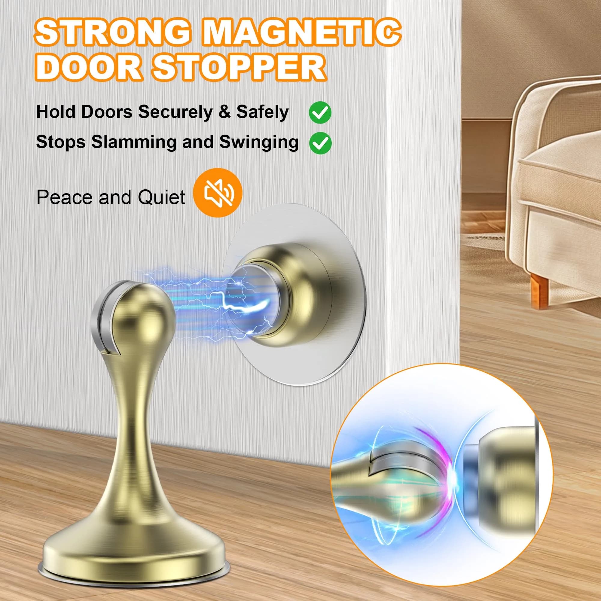 Crosize Magnetic Door Stoppers 6 Pack, Stainless Steel Door Stops with Adhesive & Screws, Gold - view 3
