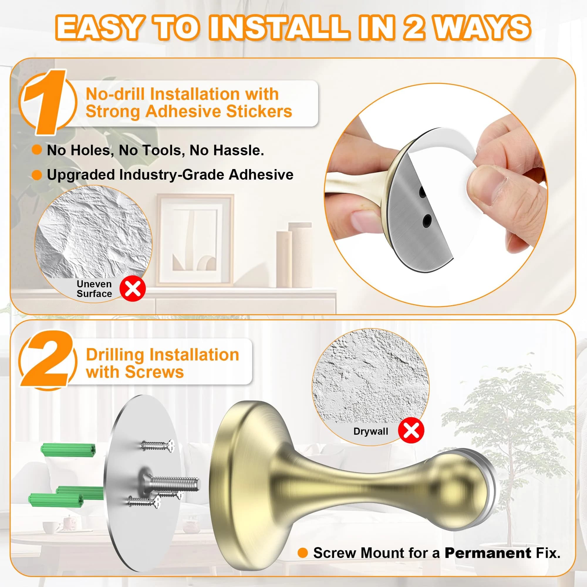 Crosize Magnetic Door Stoppers 6 Pack, Stainless Steel Door Stops with Adhesive & Screws, Gold - view 4