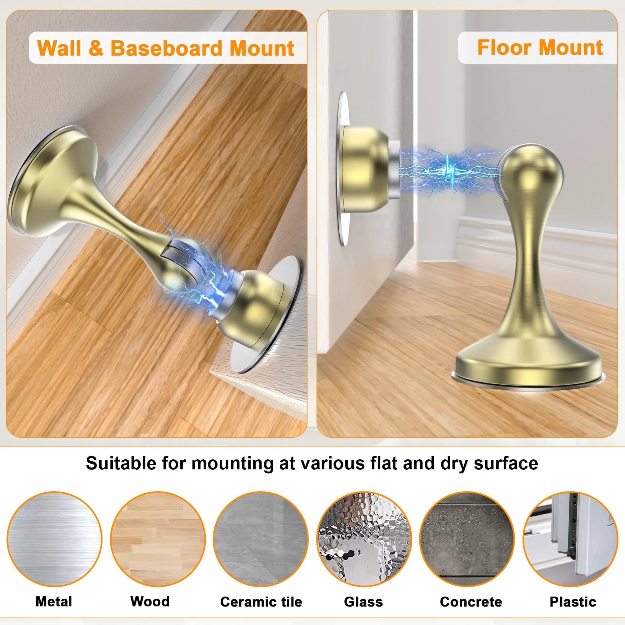 Crosize Magnetic Door Stoppers 6 Pack, Stainless Steel Door Stops with Adhesive & Screws, Gold - view 5