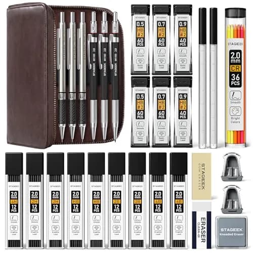 STAGEEK Mechanical Pencil Set with Leather Bag, 0.5/0.7/0.9/2.0mm, 30-Piece | Smooth Ink Flow thumbnail 1