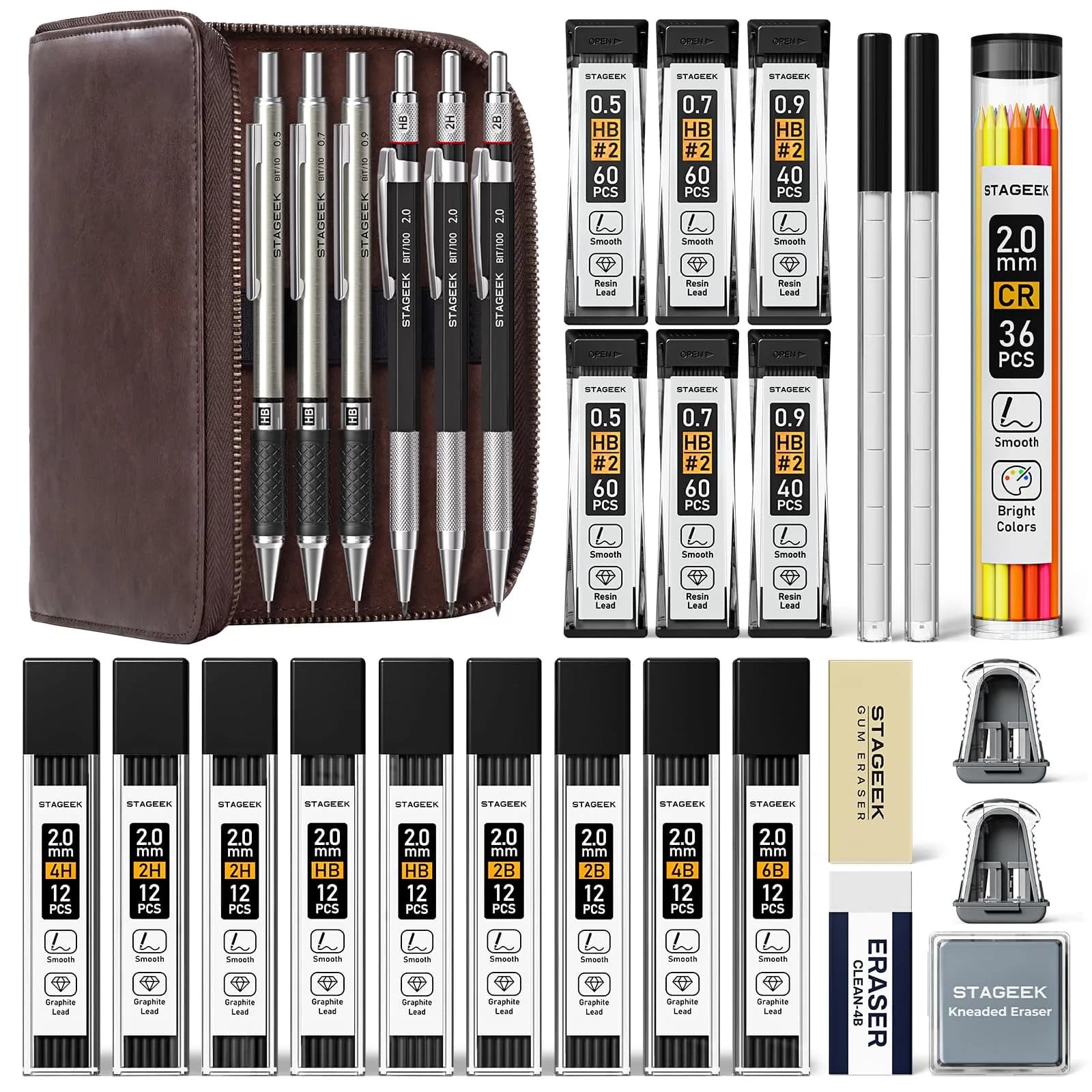 STAGEEK Mechanical Pencil Set with Canvas Bag, 0.5mm, 0.7mm, 0.9mm, 2.0mm & 464 Lead Refills | Smooth Writing for Students & Professionals — 0.5, 0.7, 0.9, 2MM with Leather Bag