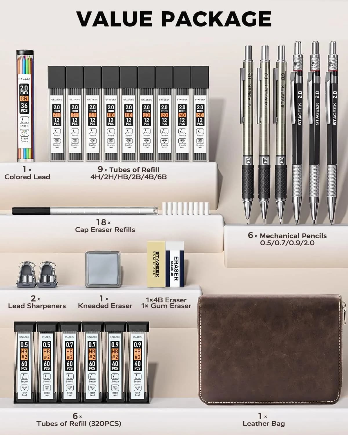 STAGEEK Mechanical Pencil Set with Leather Bag, 0.5/0.7/0.9/2.0mm, 30-Piece | Smooth Ink Flow - view 8