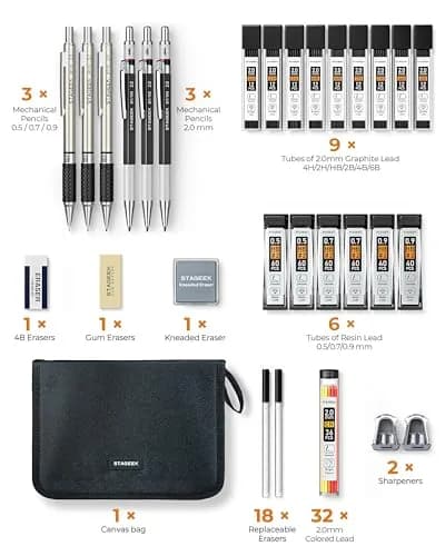 STAGEEK Mechanical Pencil Set with Canvas Bag, 0.5mm, 0.7mm, 0.9mm, 2.0mm & 464 Lead Refills | Smooth Writing for Students & Professionals thumbnail 8