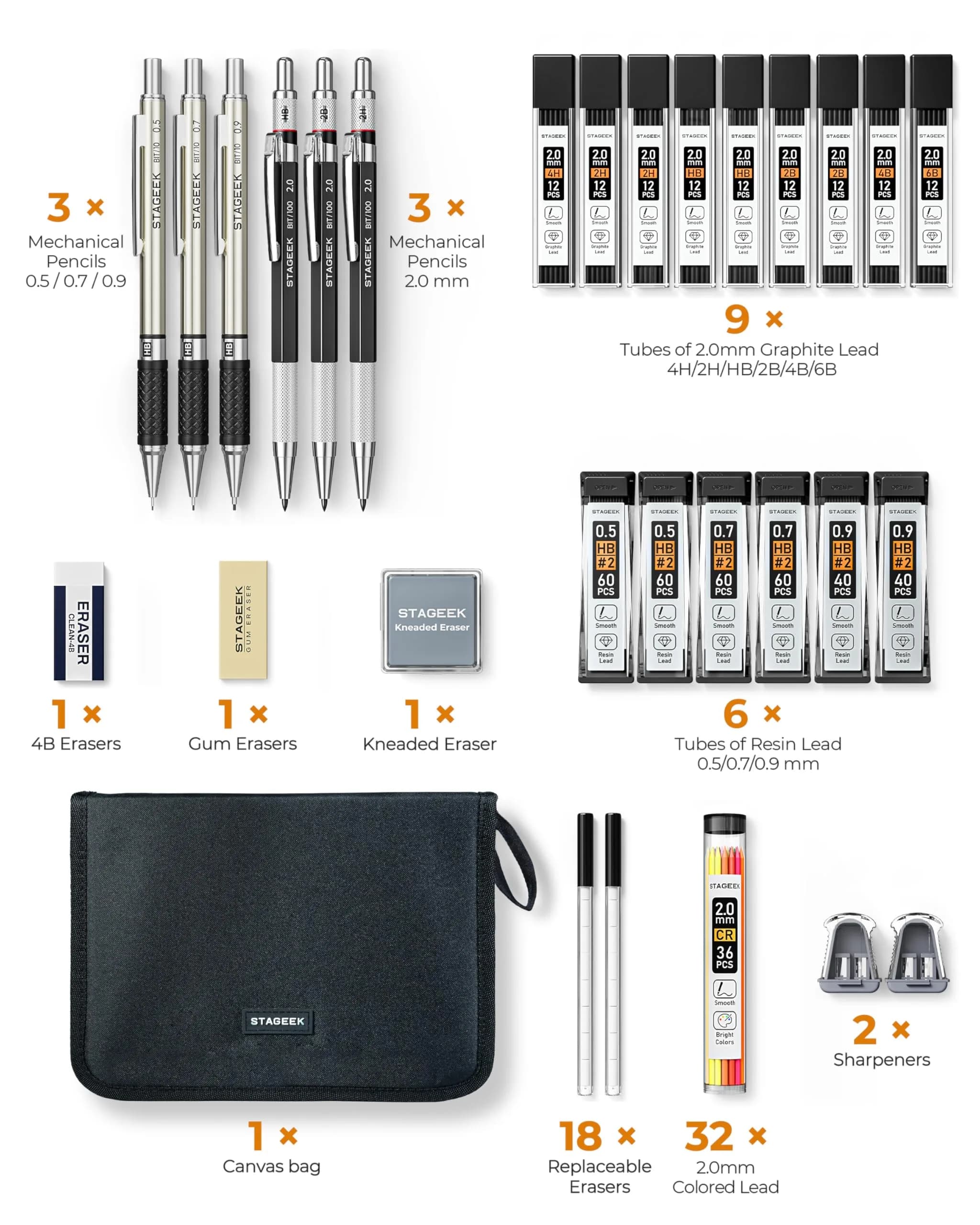 STAGEEK Mechanical Pencil Set with Canvas Bag, 0.5mm, 0.7mm, 0.9mm, 2.0mm & 464 Lead Refills | Smooth Writing for Students & Professionals - view 8