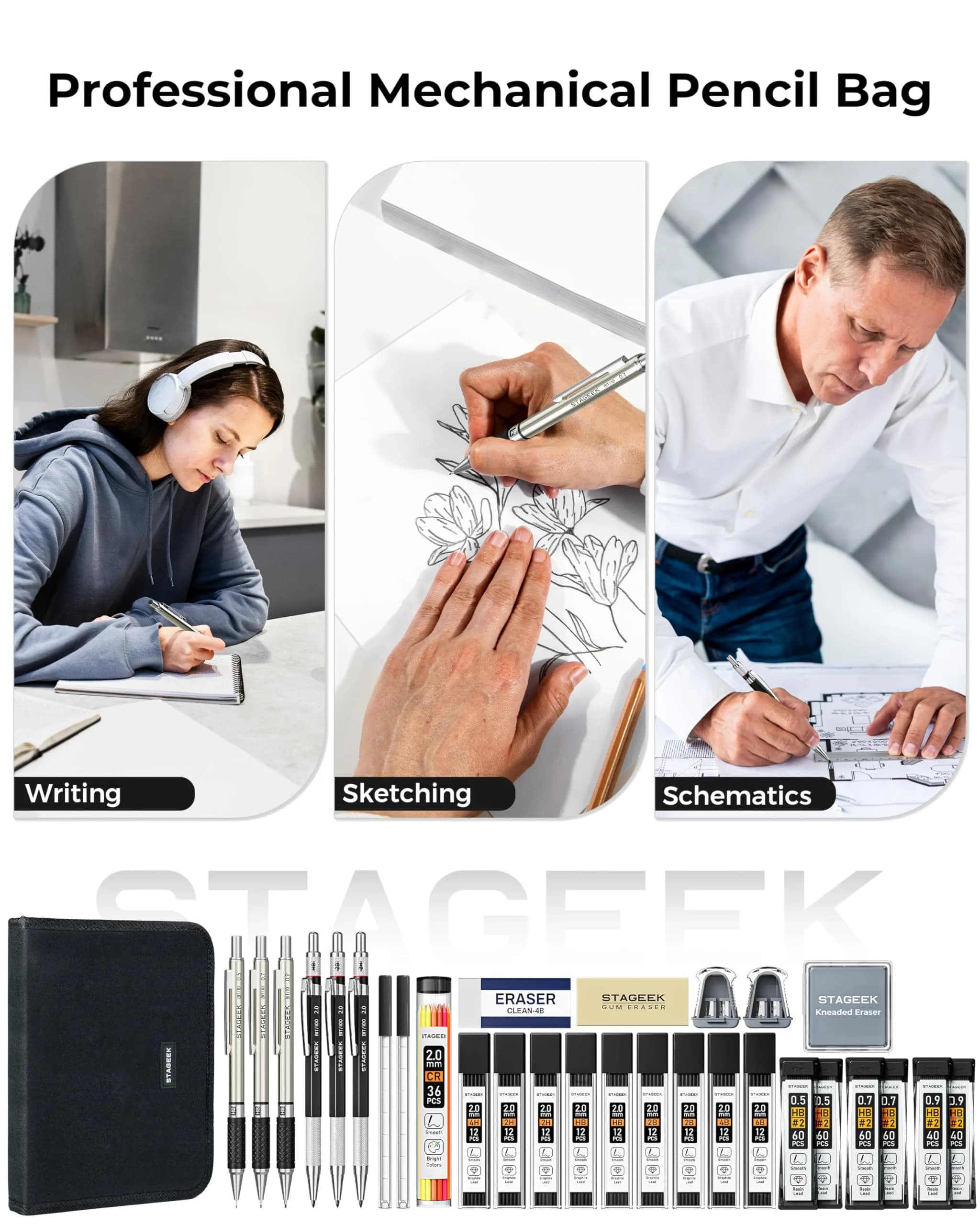 STAGEEK Mechanical Pencil Set with Canvas Bag, 0.5mm, 0.7mm, 0.9mm, 2.0mm & 464 Lead Refills | Smooth Writing for Students & Professionals - view 3