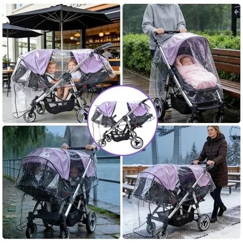 HSJH Double Stroller Rain Cover | Waterproof Weather Shield for Tandem Twin Strollers with Large See-Through Window thumbnail 4