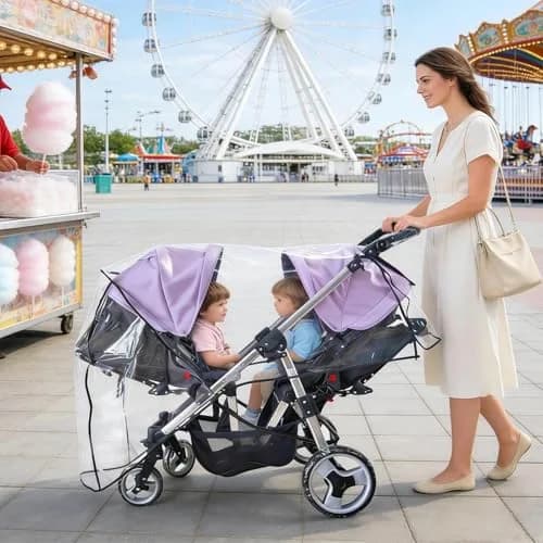 HSJH Double Stroller Rain Cover | Waterproof Weather Shield for Tandem Twin Strollers with Large See-Through Window thumbnail 8