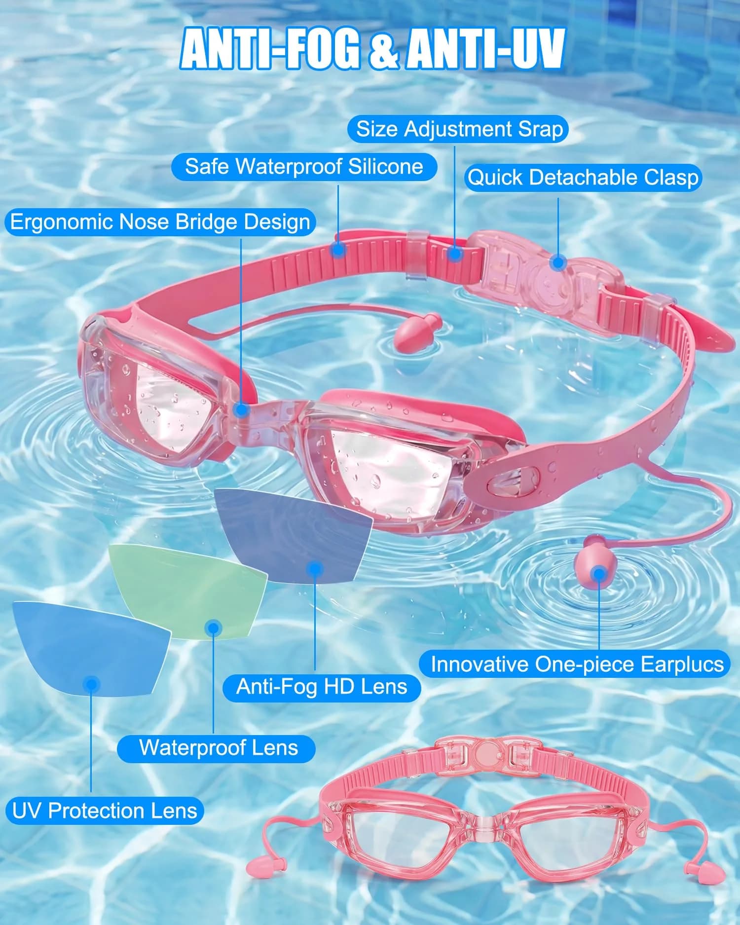 Aegend Swim Goggles for Adults & Youth | Pink Clear Lens with Anti-Fog & UV Protection - view 4