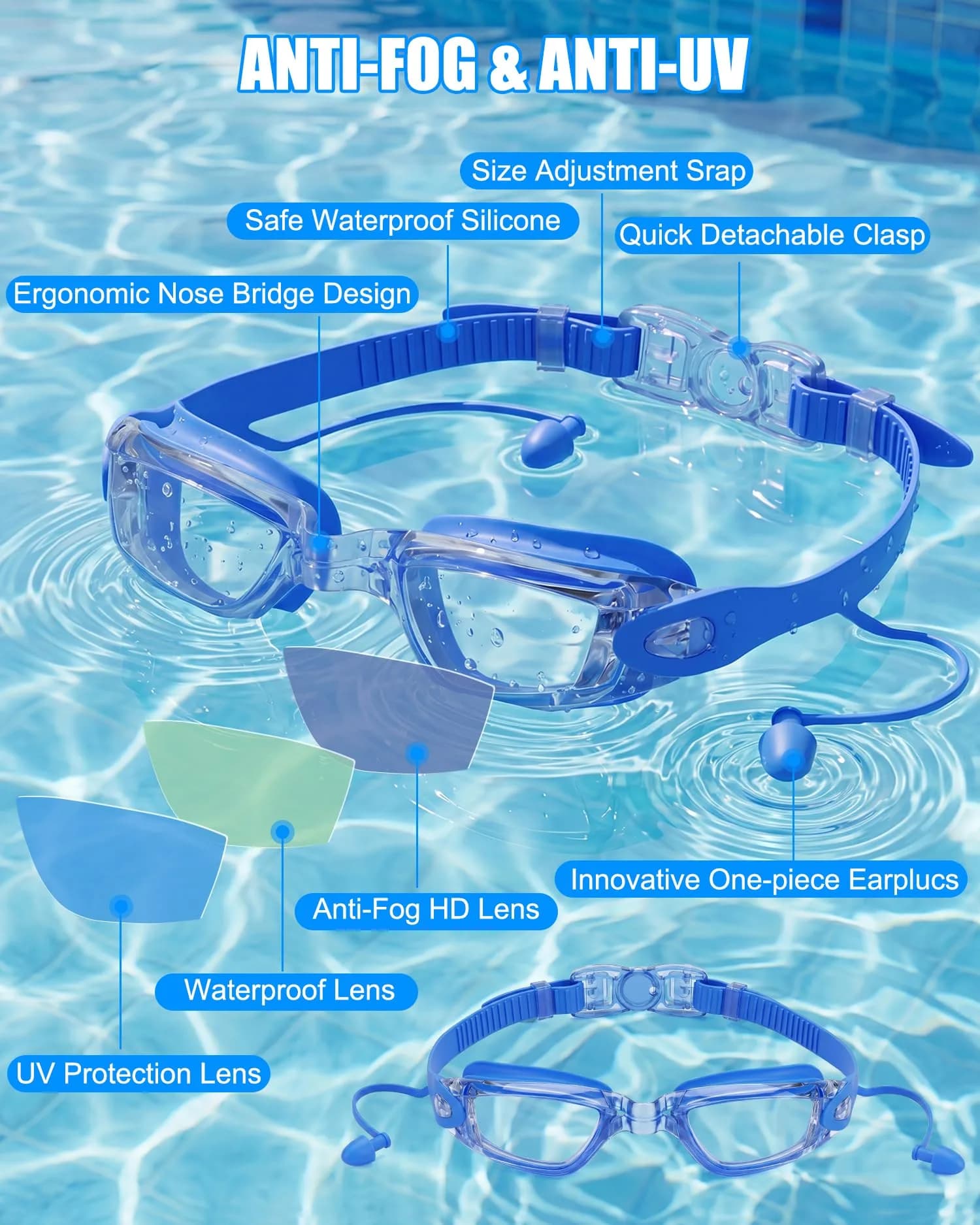 Aegend Swim Goggles Blue Clear Lens | Universal Fit Adult Youth No Leaking Anti-Fog UV Protection - view 4