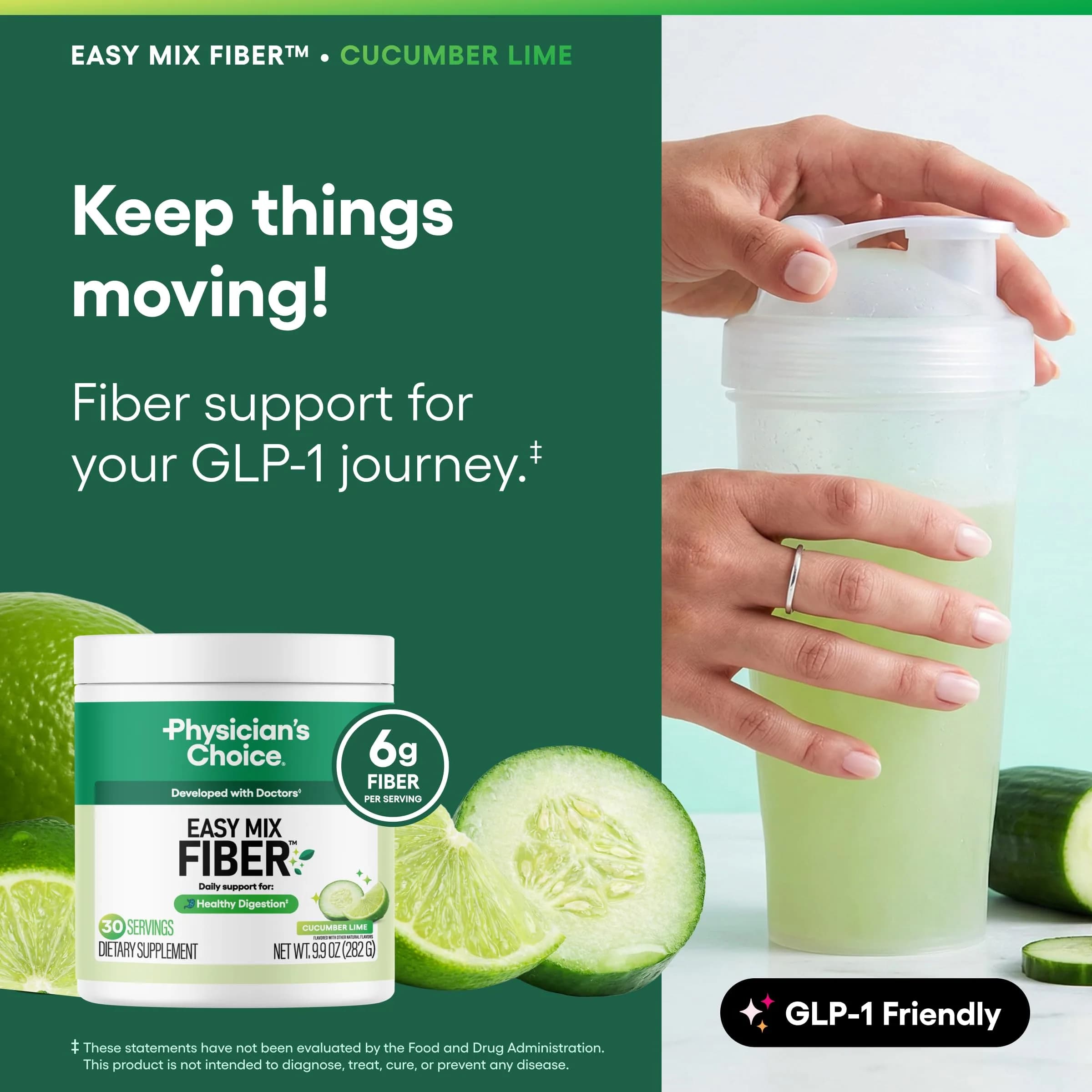 Physician's CHOICE Easy Mix Fiber Powder Supplement, Cucumber Lime Flavor, 9.9oz | Supports Digestion & Regularity - view 3