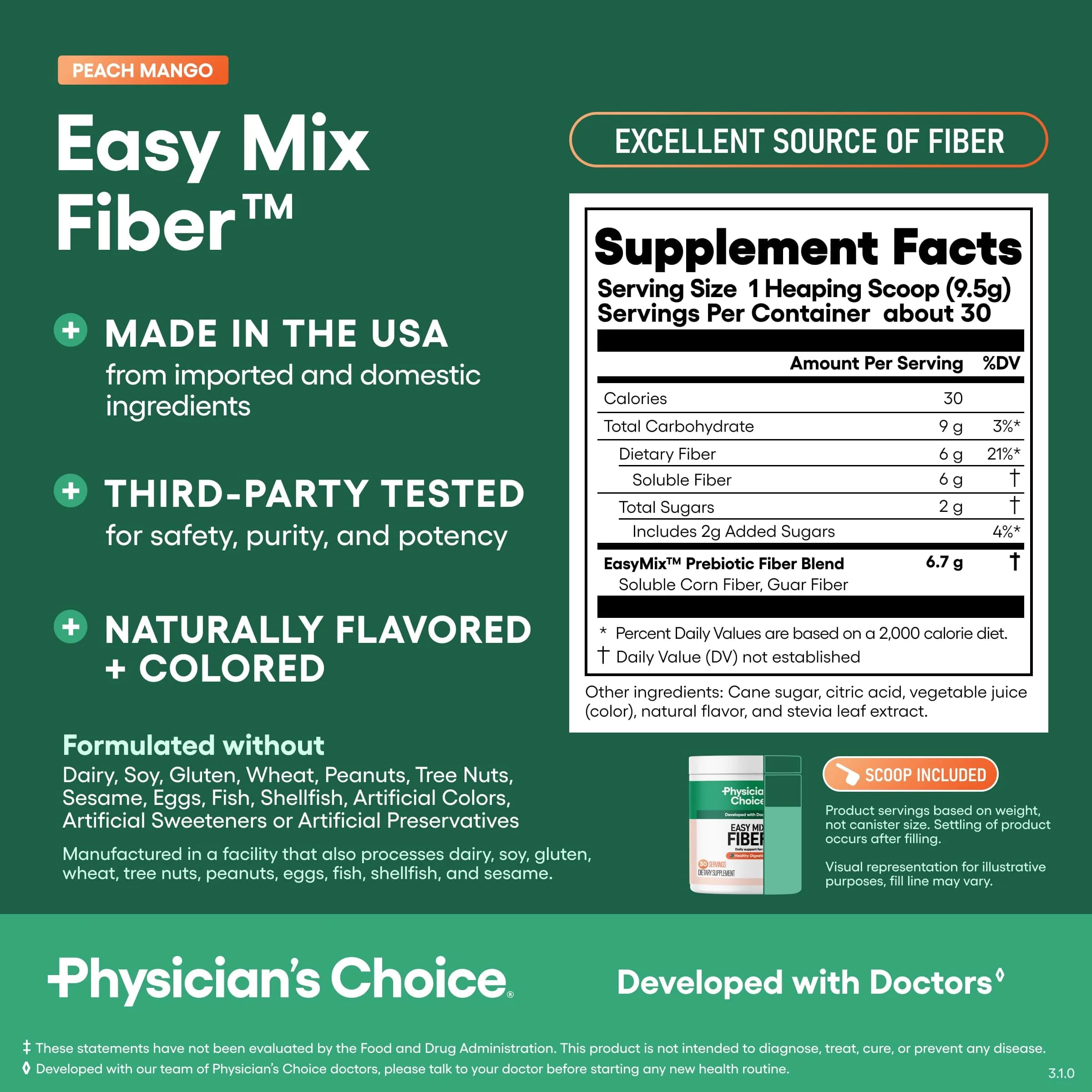 Physician's CHOICE Easy Mix Fiber Powder Peach Mango 10oz (283g) | Doctor-Developed Prebiotic Fiber for Gut Health - view 7