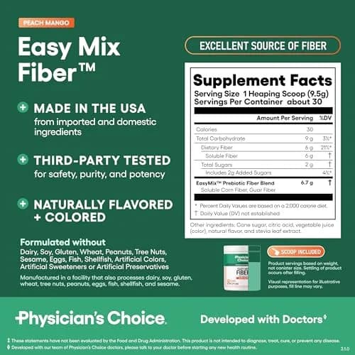 Physician's CHOICE Easy Mix Fiber Powder Peach Mango 10oz (283g) | Doctor-Developed Prebiotic Fiber for Gut Health thumbnail 7