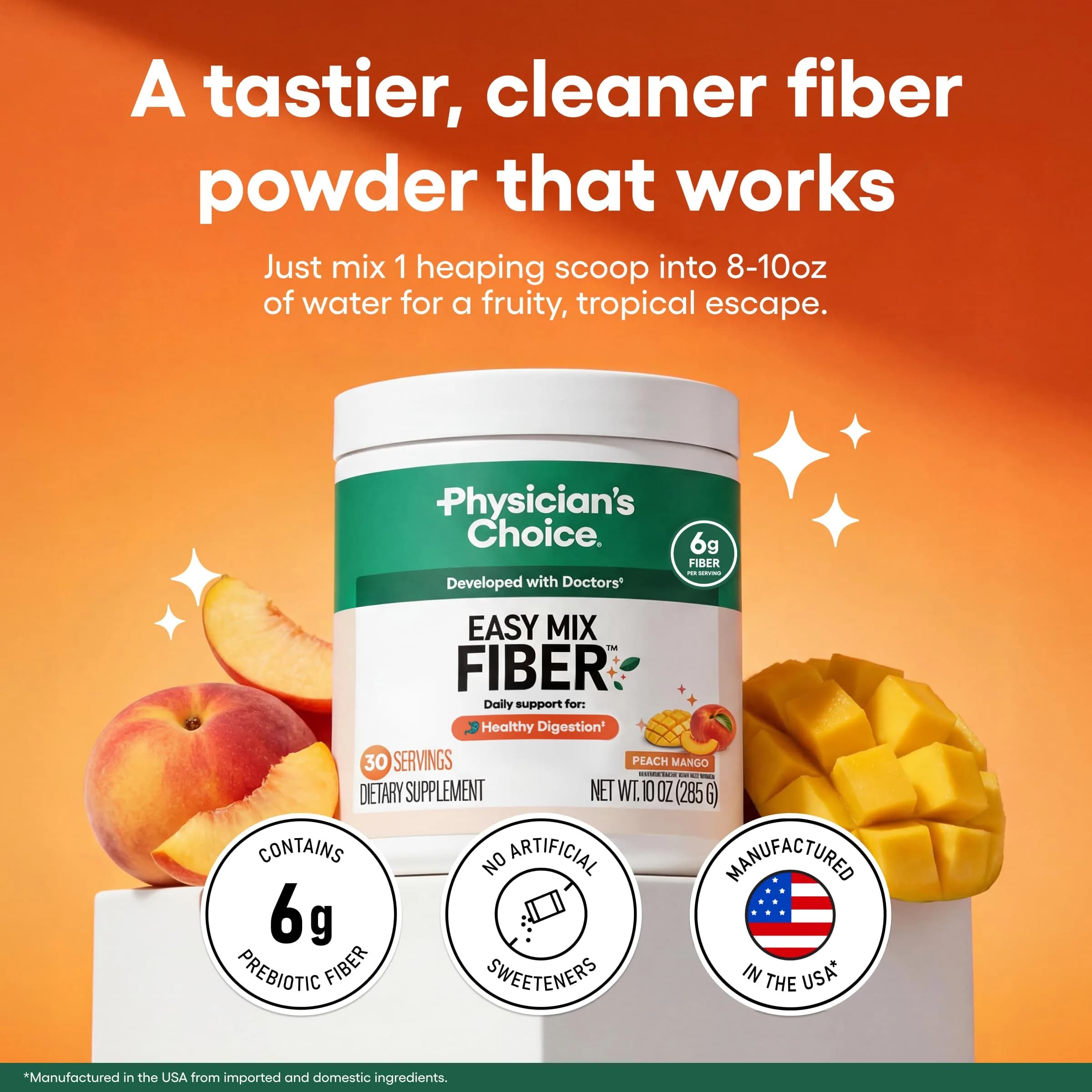 Physician's CHOICE Easy Mix Fiber Powder Peach Mango 10oz (283g) | Doctor-Developed Prebiotic Fiber for Gut Health - view 2