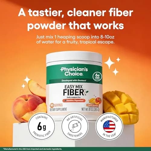 Physician's CHOICE Easy Mix Fiber Powder Peach Mango 10oz (283g) | Doctor-Developed Prebiotic Fiber for Gut Health thumbnail 2