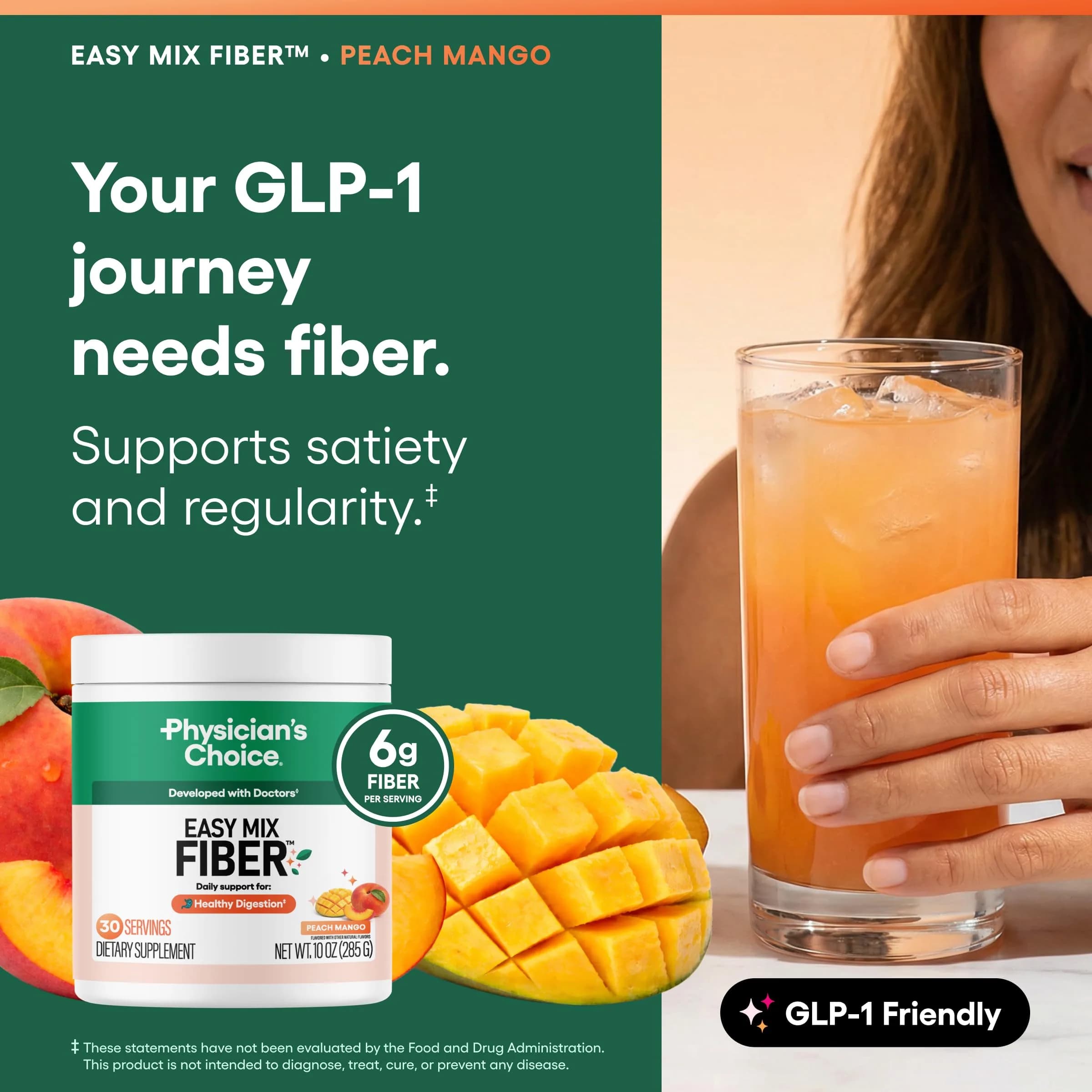 Physician's CHOICE Easy Mix Fiber Powder Peach Mango 10oz (283g) | Doctor-Developed Prebiotic Fiber for Gut Health - view 3