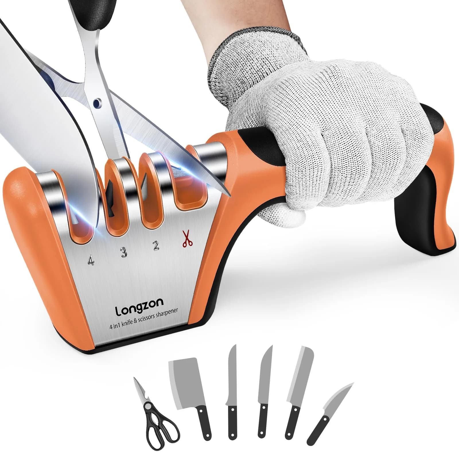 Longzon 4-Stage Knife Sharpener with Cut-Resistant Glove - Black+Orange - main product image