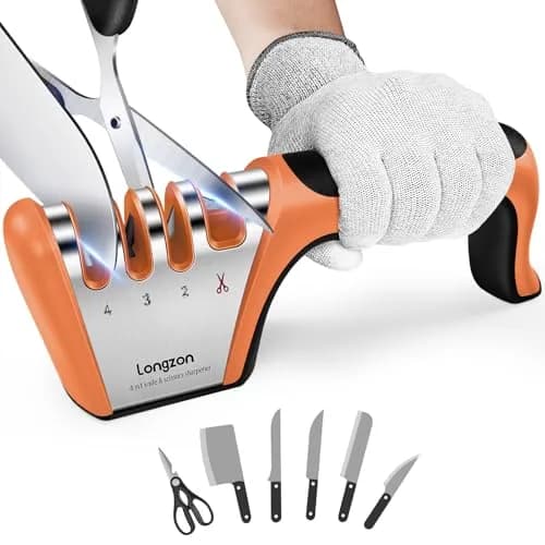 Longzon 4-Stage Knife Sharpener with Cut-Resistant Glove, Black+Orange | Restores Dull Blades in Seconds thumbnail 1