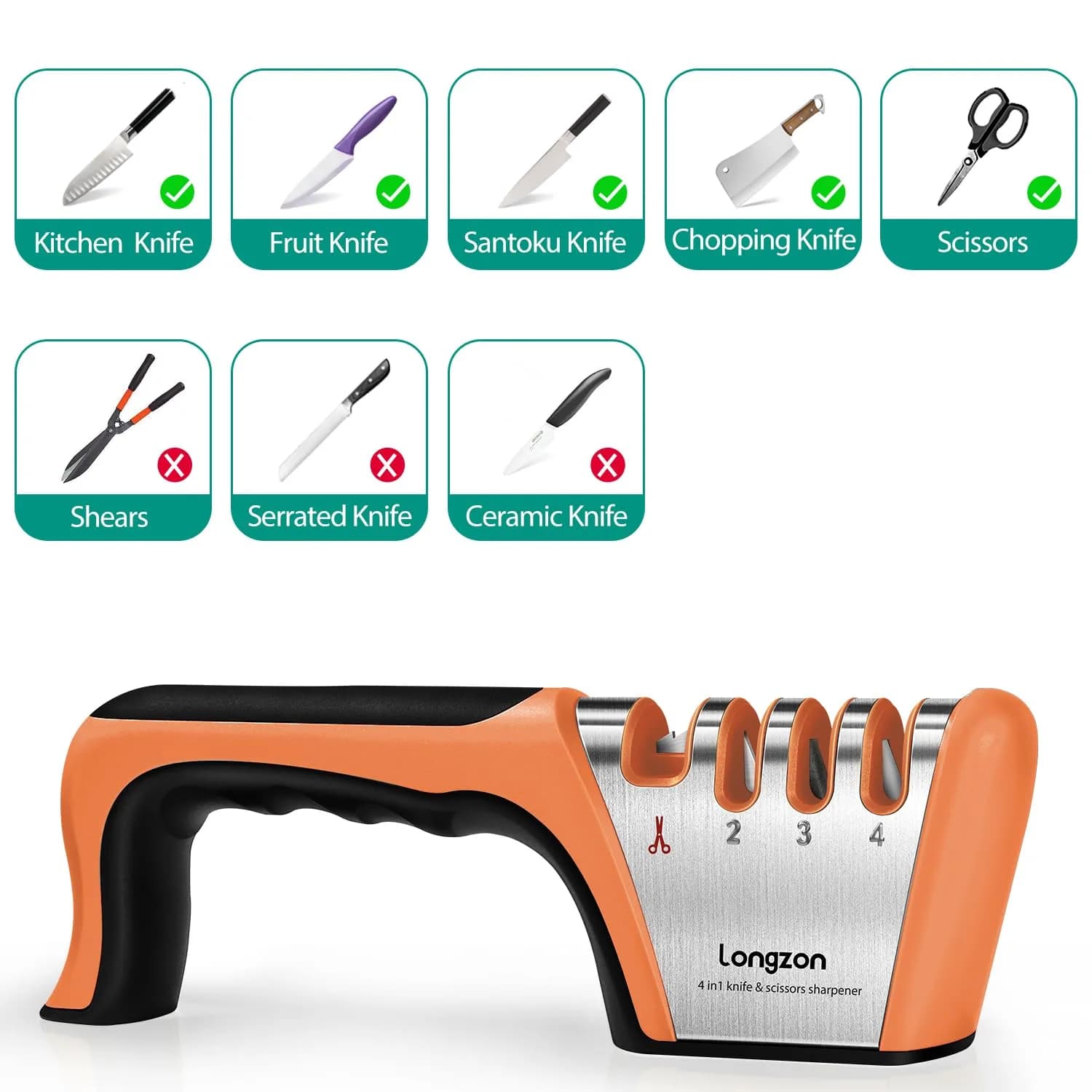Longzon 4-Stage Knife Sharpener with Cut-Resistant Glove - Black+Orange - view 3