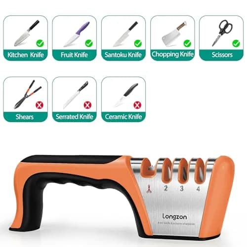 Longzon 4-Stage Knife Sharpener with Cut-Resistant Glove, Black+Orange | Restores Dull Blades in Seconds thumbnail 3