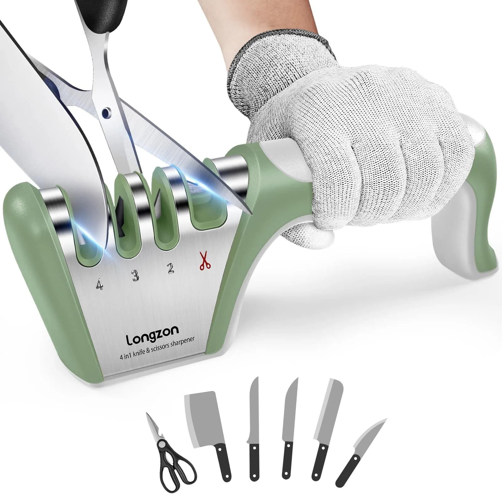 Longzon 5-in-1 Gray+Green Knife Sharpener with Cut-Resistant Glove - 4 Stage Sharpening - main product image