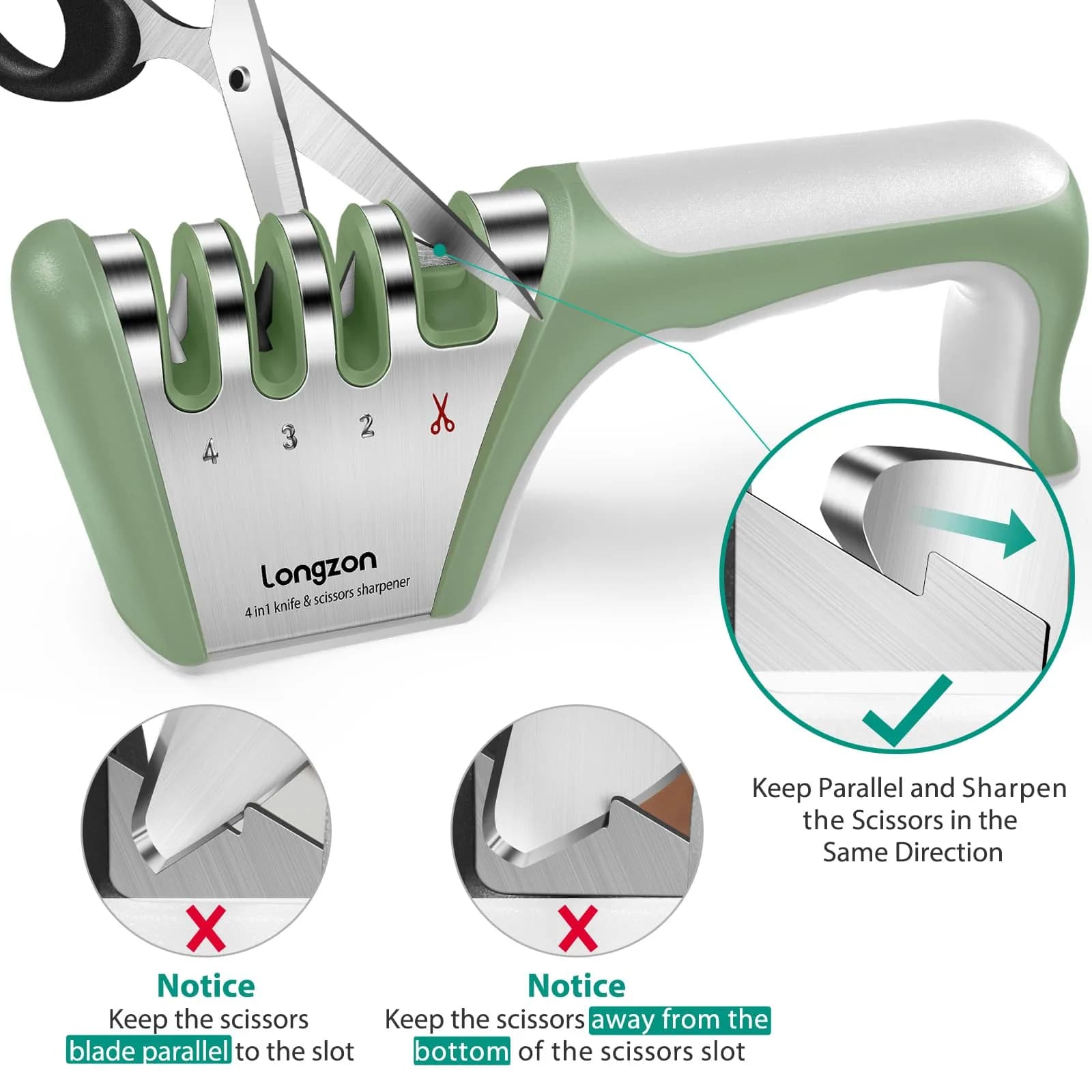 Longzon 4-Stage Knife Sharpener with Cut-Resistant Glove, Gray+Green | Sharpens All Blades Effortlessly - view 6