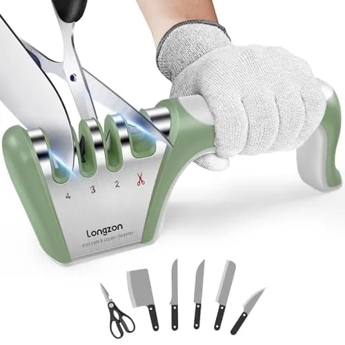 Longzon 4-Stage Knife Sharpener with Cut-Resistant Glove, Gray+Green | Sharpens All Blades Effortlessly thumbnail 1