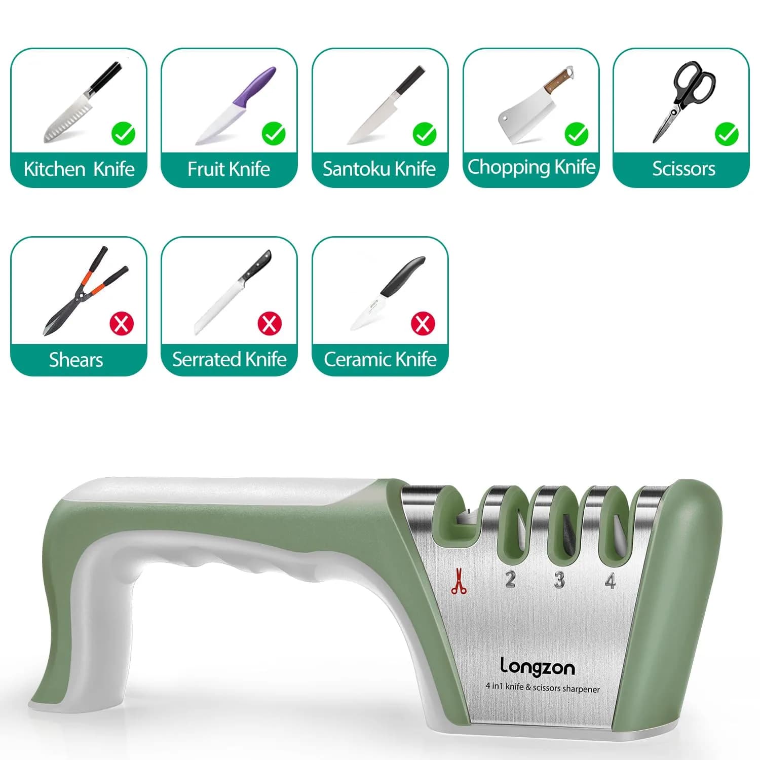 Longzon 5-in-1 Gray+Green Knife Sharpener with Cut-Resistant Glove - 4 Stage Sharpening - view 3