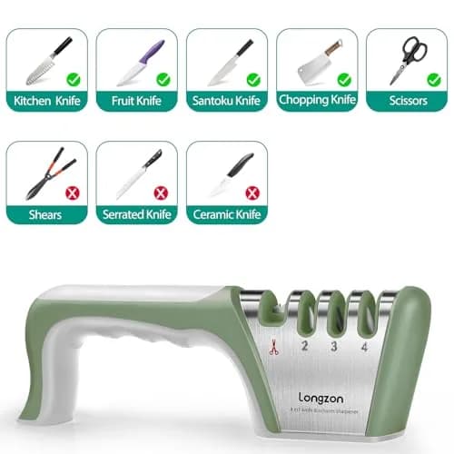 Longzon 4-Stage Knife Sharpener with Cut-Resistant Glove, Gray+Green | Sharpens All Blades Effortlessly thumbnail 3