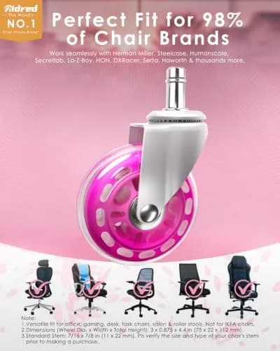 RidRed Pink Rollerblade Style Office Chair Wheels (5-Pack) | Heavy-Duty 650 lb Capacity, Smooth & Silent Rolling thumbnail 2