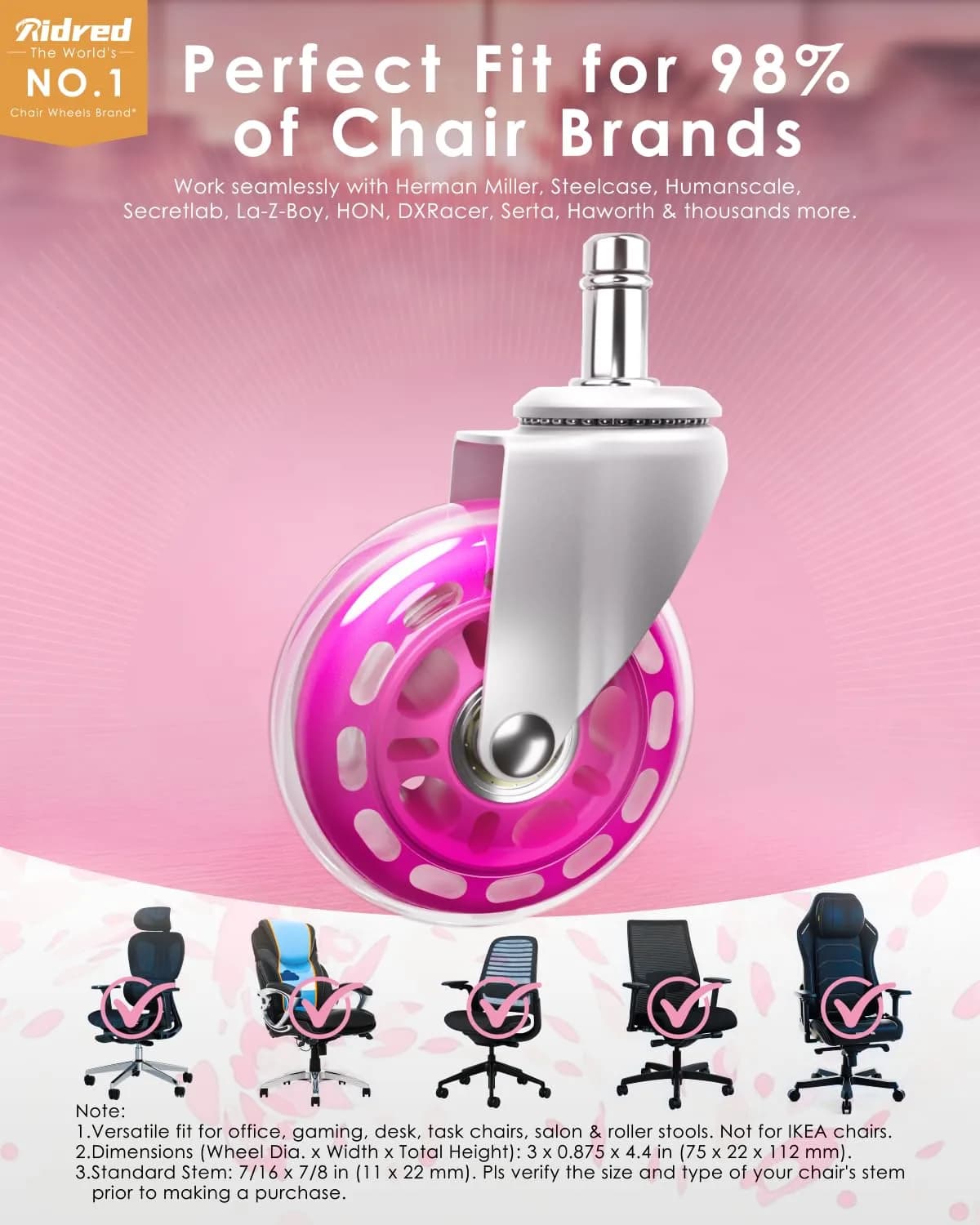 RidRed Pink Rollerblade Style Office Chair Wheels (5-Pack) | Heavy-Duty 650 lb Capacity, Smooth & Silent Rolling - view 2