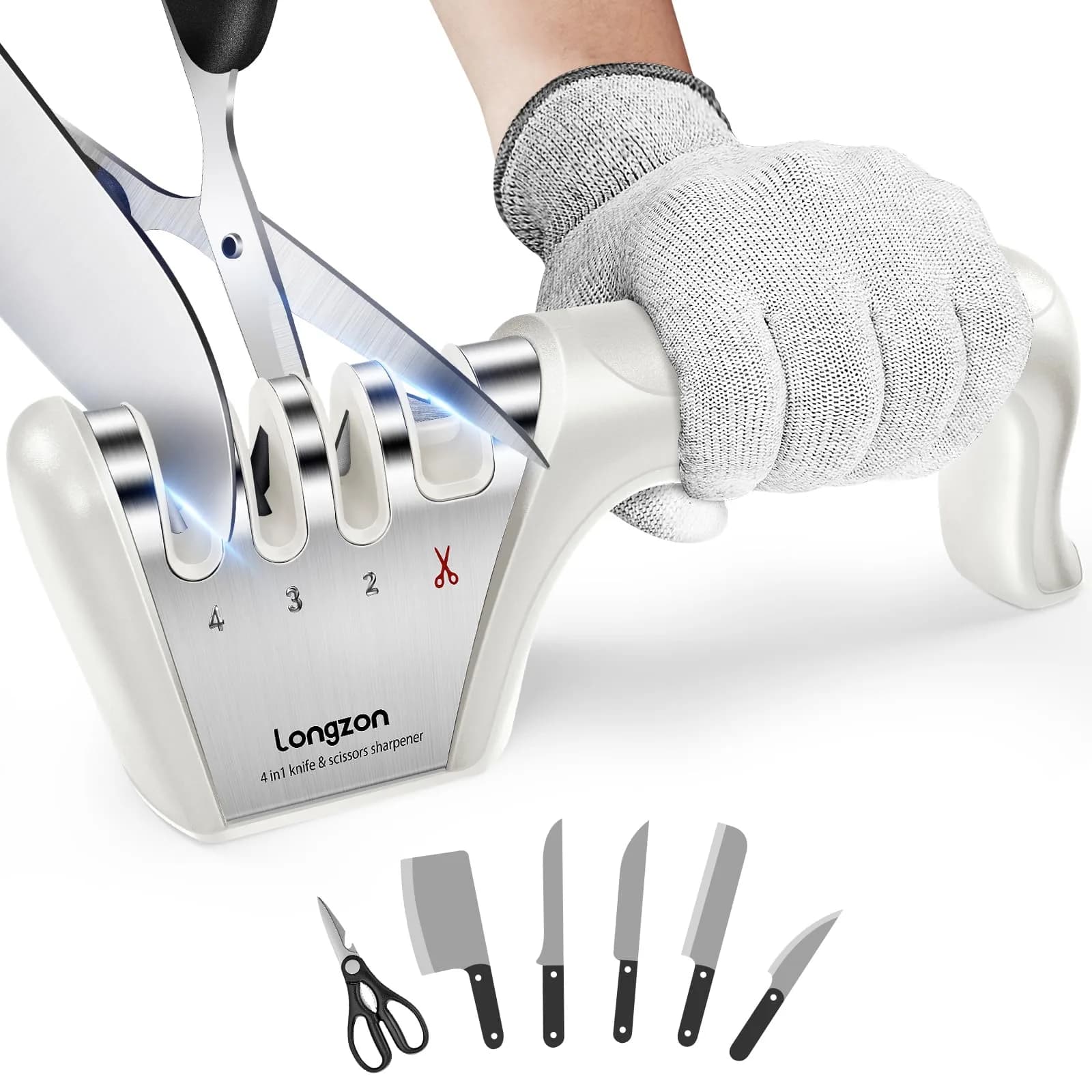 Longzon Off-White 4-Stage Knife Sharpener with Cut-Resistant Glove | Restores Dull Blades - main product image
