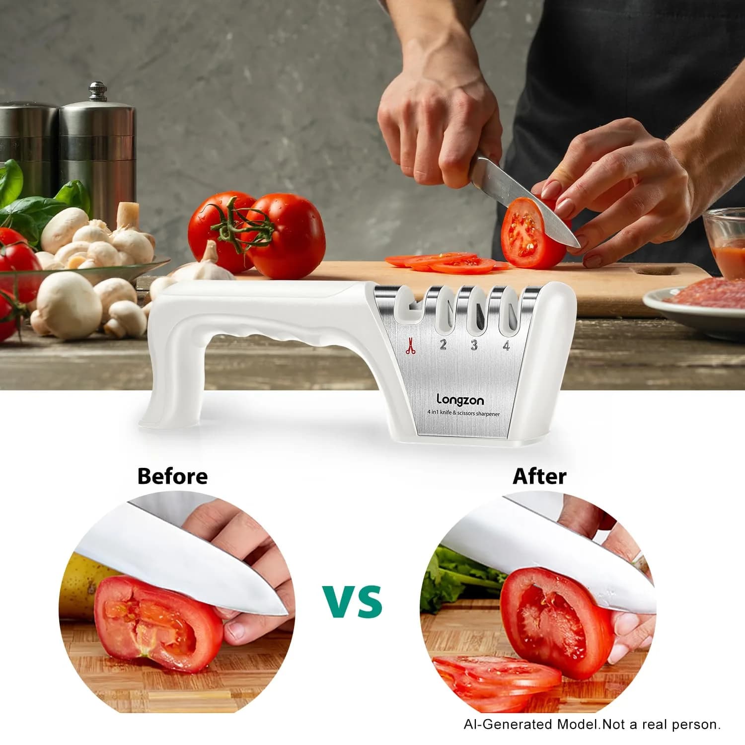 Longzon 4-Stage Knife Sharpener with Cut-Resistant Glove, Off-White | Restores Dull Blades in Seconds - view 7