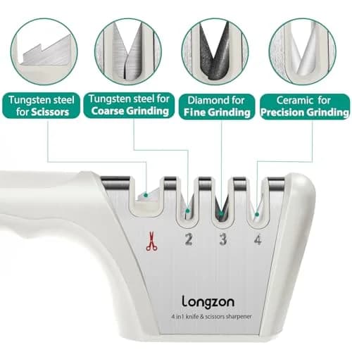 Longzon 4-Stage Knife Sharpener with Cut-Resistant Glove, Off-White | Restores Dull Blades in Seconds thumbnail 2