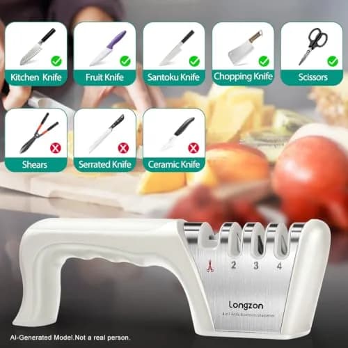 Longzon 4-Stage Knife Sharpener with Cut-Resistant Glove, Off-White | Restores Dull Blades in Seconds thumbnail 3
