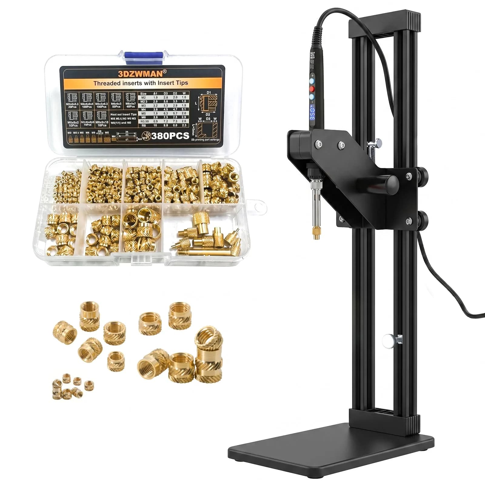 3DZWMAN Vertical Heat Set Insert Tool with 380PCS Inserts & Tips M2-M8 | 410mm Insertion Height, Aluminum Structure, 1.8kg