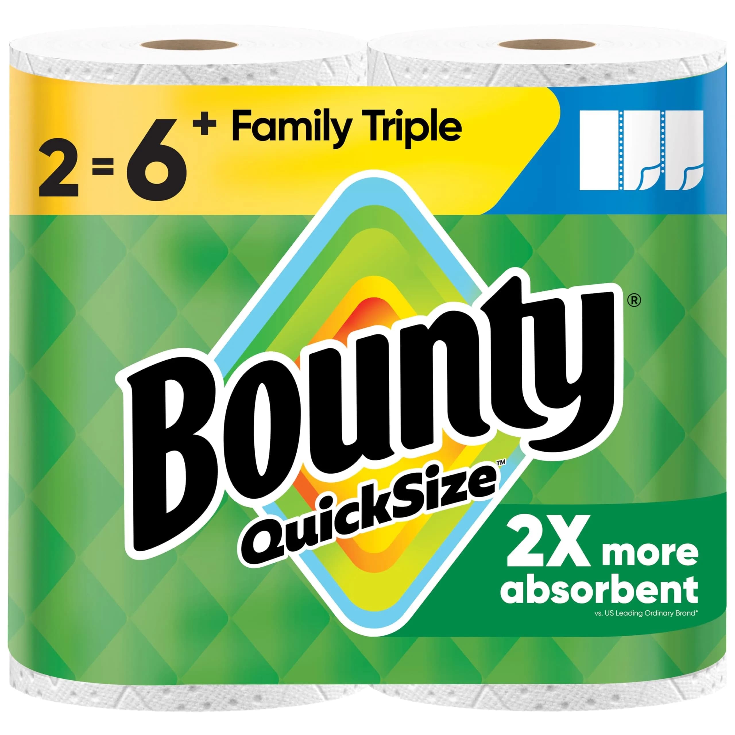 Bounty Quick Size Paper Towels White 2 Family Triple Rolls (282 Sheets) | 2x More Absorbent, Durable Diamond Texture