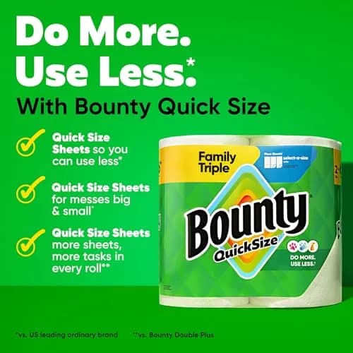 Bounty Quick Size Paper Towels White 2 Family Triple Rolls (282 Sheets) | 2x More Absorbent, Durable Diamond Texture thumbnail 2