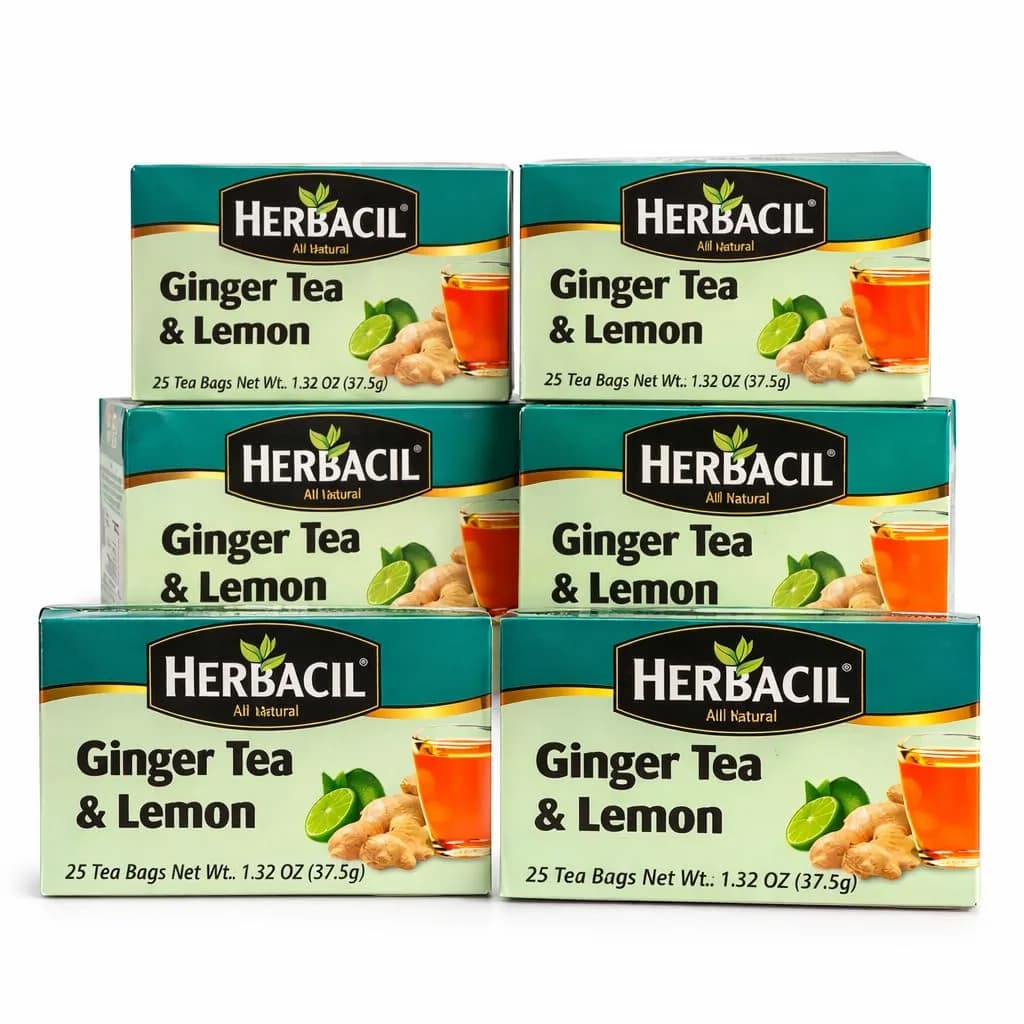 Herbacil Ginger Lemon Tea - Caffeine Free, Natural - 6 Pack, 25 Tea Bags