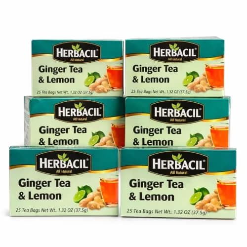 Herbacil Ginger Lemon Tea - Caffeine Free, Natural - 6 Pack, 25 Tea Bags thumbnail 1